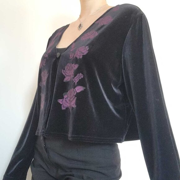 Vintage 90s whimsigoth gothic black velvet and purple rose cardigan XL - Picture 6 of 16